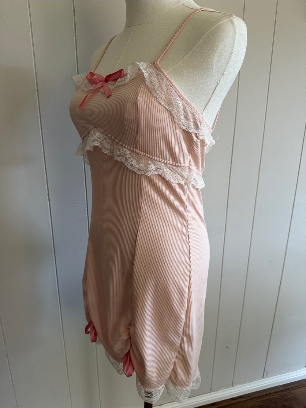 Coquette Cottagecore Pink Ribbed Lace-Trim Slip Dress Soft Girl Size Small - Picture 8 of 12